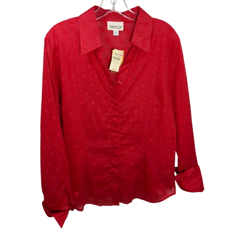Coldwater Creek Red 100% Cotton Jacquard Sheer Top/ Blouse SZ L NEW